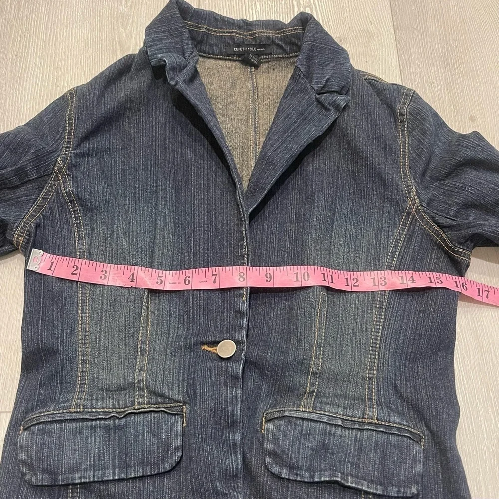 KENNETH COLE Dark Blue Single Button Stretchy Denim Jean Jacket Blazer Size 10